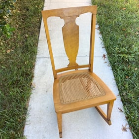 Late 1800s Grand Ledge Chair Co Birds Eye Maple Cane Rocking Chair