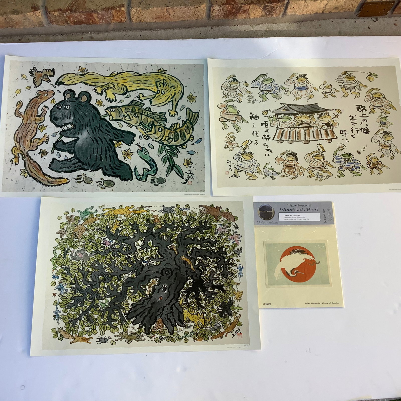 3 Masao Mizuno Animal Art Prints and Wood Block Crane: Masao Mizuno Prints and Wood Block Crane