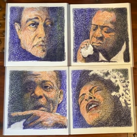 4 Colored Pencil Art Sketches on Vellum of Ellington, Basie, Holiday and Armstrong
