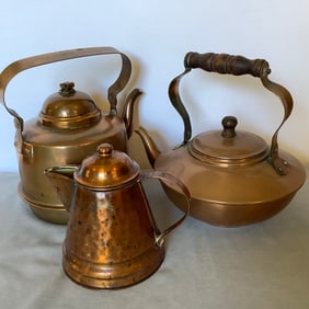 Three Vintage Copper Tea Pots