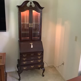 Ethan Allen Solid Cherry Chippendale Secretary with Lighted Curio and Desk