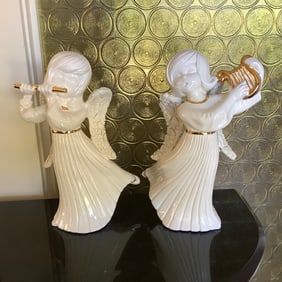 Pair of Ceramic Angels Playing Flute and Harp