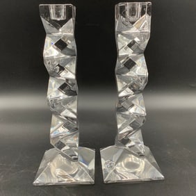 Pair of Crystal Geometric 1980s Candlesticks