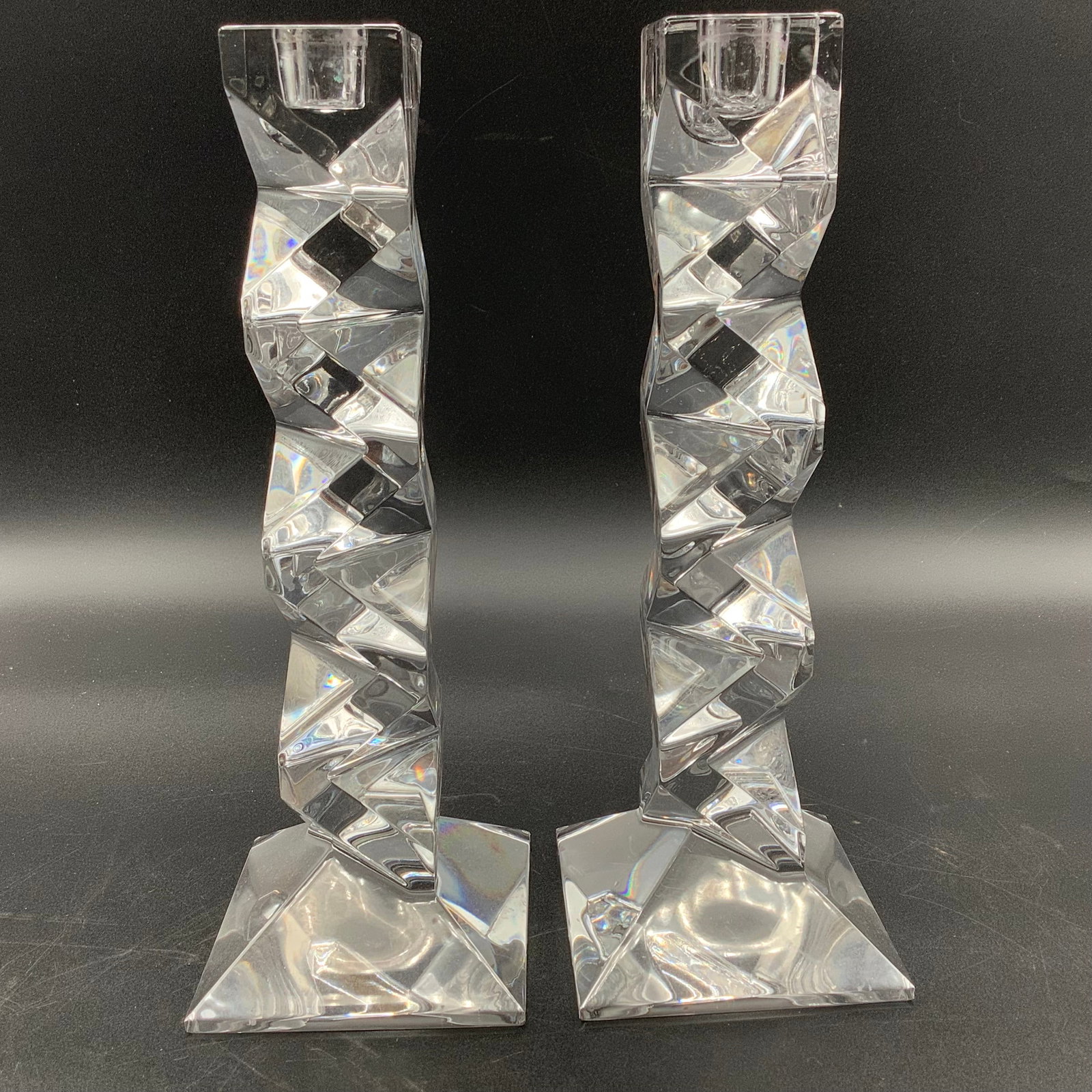 Pair of Crystal Geometric 1980s Candlesticks: 1980's Geometric Candlesticks 10 inch x 3 inch