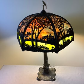 Antique Heavy Bronze Large Slag Glass Lamp