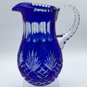 Large Cobalt Blue Cut To Clear Water Pitcher