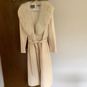 Saks Fifth Avenue 100% Cashmere Ivory Long Belted Coat with Fur Collar
