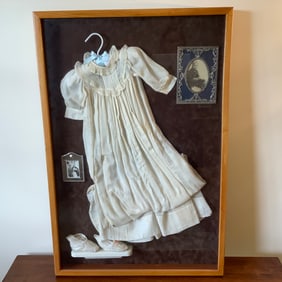 Shadowbox with 1920 Christening Outfit, Shoes, Framed Photographs