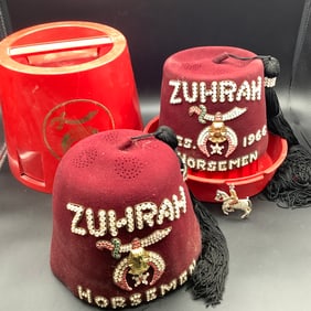 2 Zuhrah Shriners Horsemen Fez Hats, One President 1966 with Box