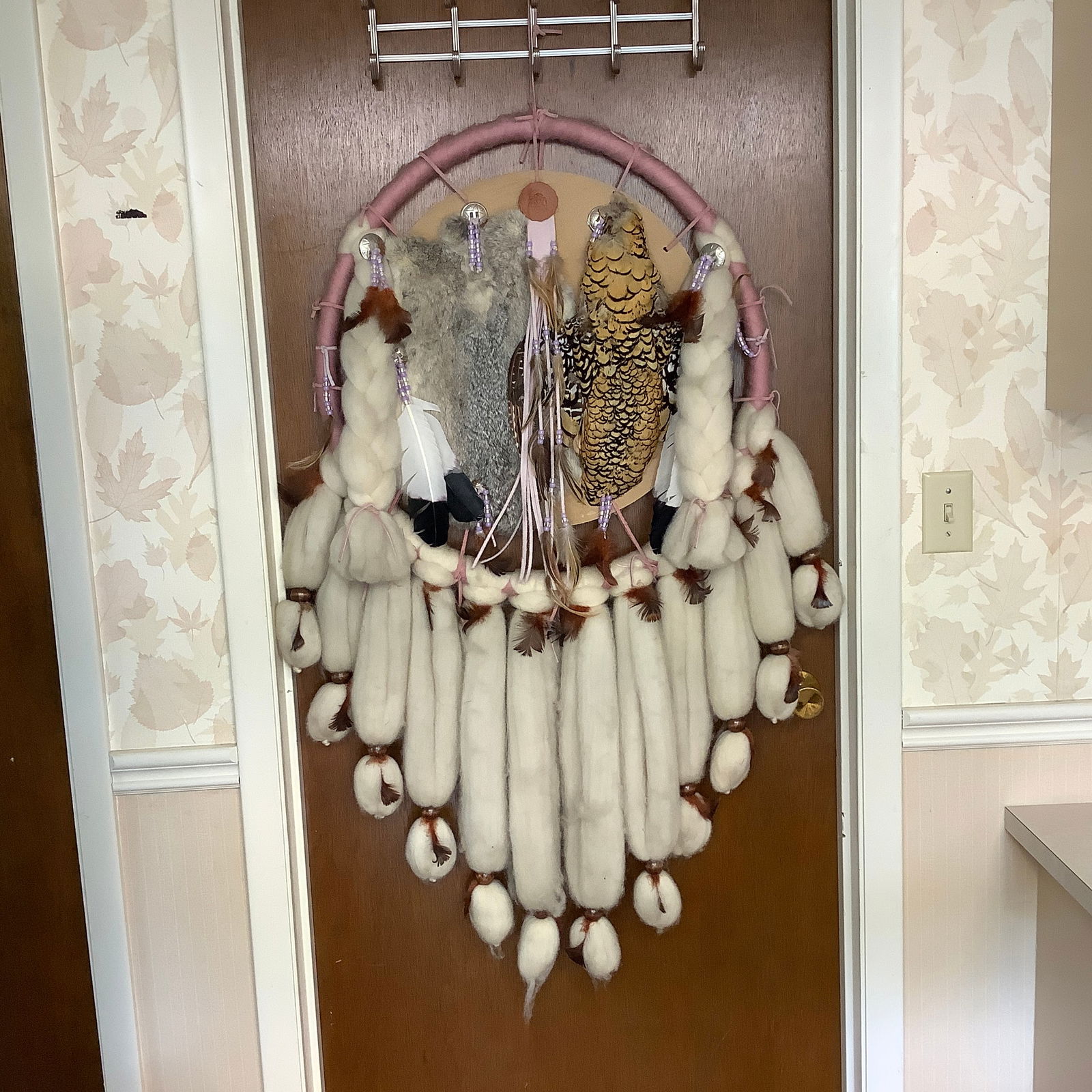 Large Navajo Native American Large Dreamcatcher / Mandella: Sheep's wool, Pheasant, Feathers, Leather, Furs with dyed mauve accents