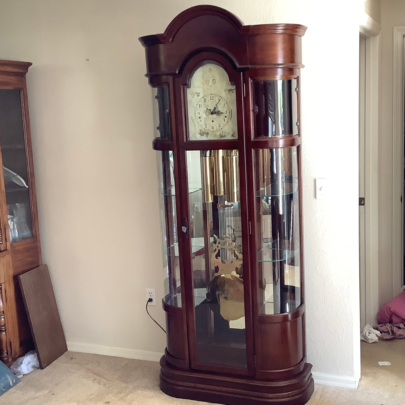 Ridgeway Curio Grandfather Clock, Norman Rockwell Edition: Grandfather clock with double bow glass curio shelves Face "A Family Tree" Complete with Key, Pendulum and Weights