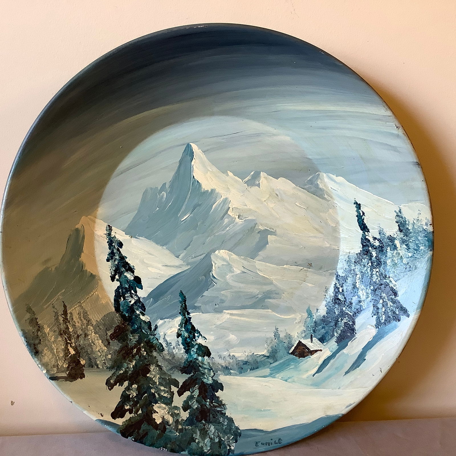 Hand Painted Copper Pan with Winter Scene, Signed Eunice: Has hanging hardware on back side