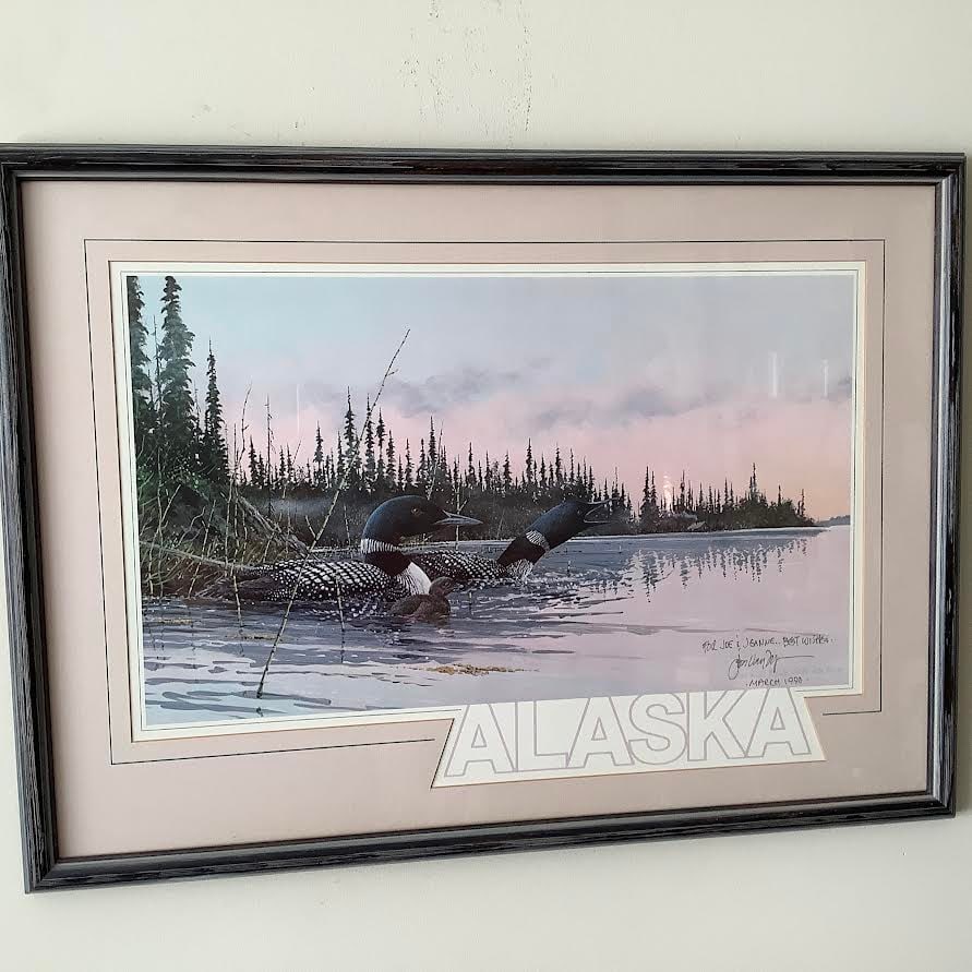 Personally Signed Art Print by Jon Van Zyle, Alaska 1990: Decorative matting of Alaska water birds Print signed by artist March 1990 lower right Personalized "For Joe & Jeanne.. Best Wishes"