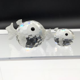 Pair of Swarovski Crystal Puffer Fish with Old Block Logo and Black Eyes