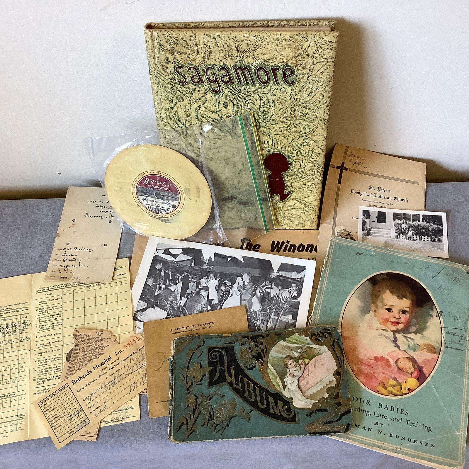 Antique Signature Album, Baby Book, Yearbook, Antique Ephemera: Signature album from 1907-1908 Old report card Reciept from Bethesda Hospital 1940 for having child Wilcox-Gay Paper Recordio Disc of Child visiting Santa Baptismal program Babies feeding and care boo