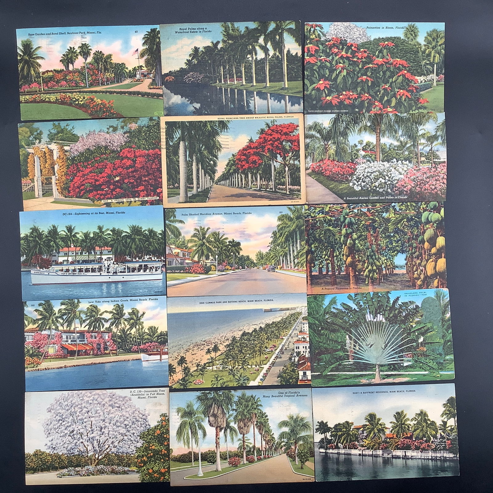 15 Florida Postcards from 1940s, Cancelled and Postage Applied: All have been used with 1 cent or 2 cent stamps cancelled Most from Fort Meyers, Miami and Miami Beach One Published by Eli Witt Cigar and Tobacco Co