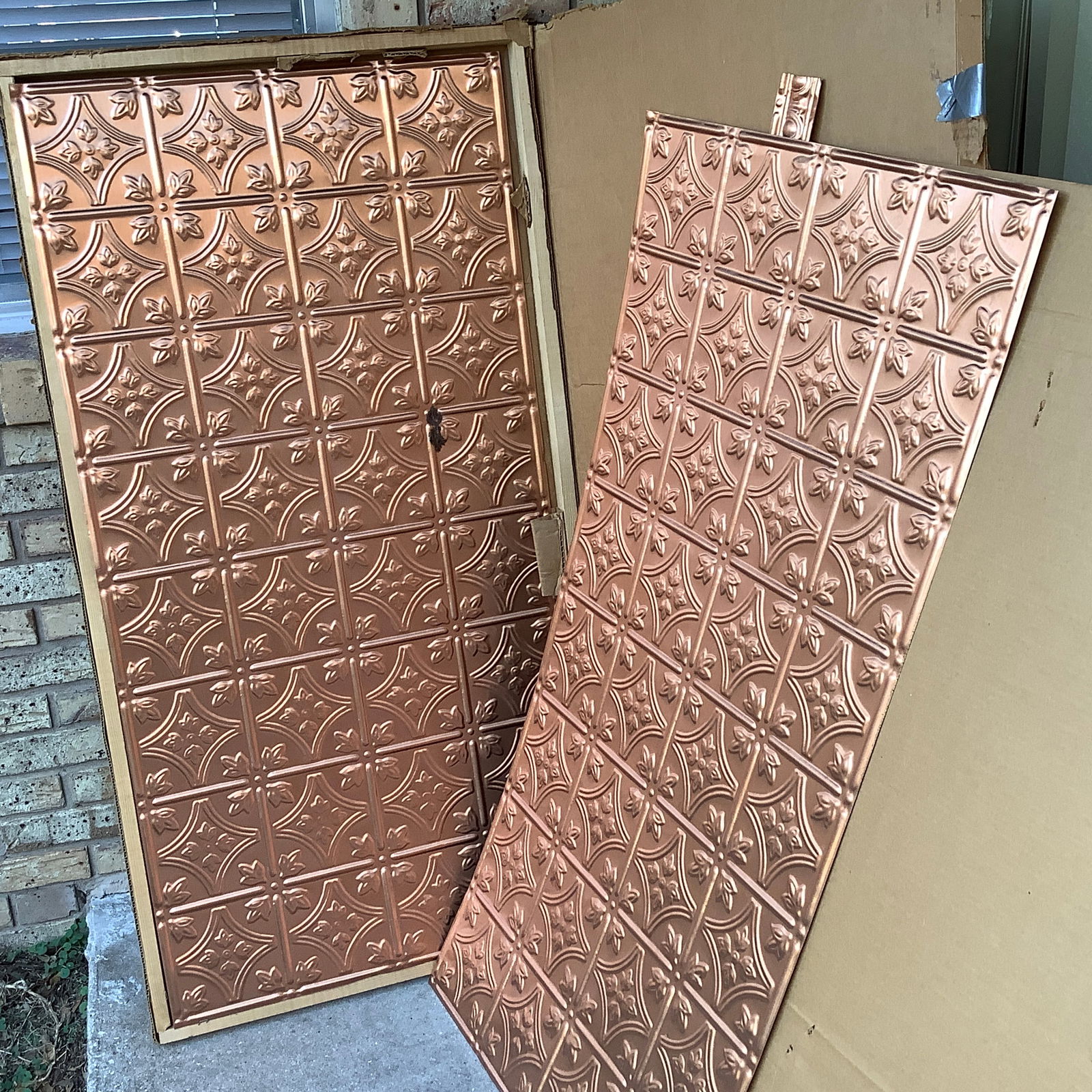 2' x 4' Pair of Copper Tiles and Trim Piece: Each panel 49 inch x 25 inch Can be shipped in crated box with dimension 51 x 27 x 3