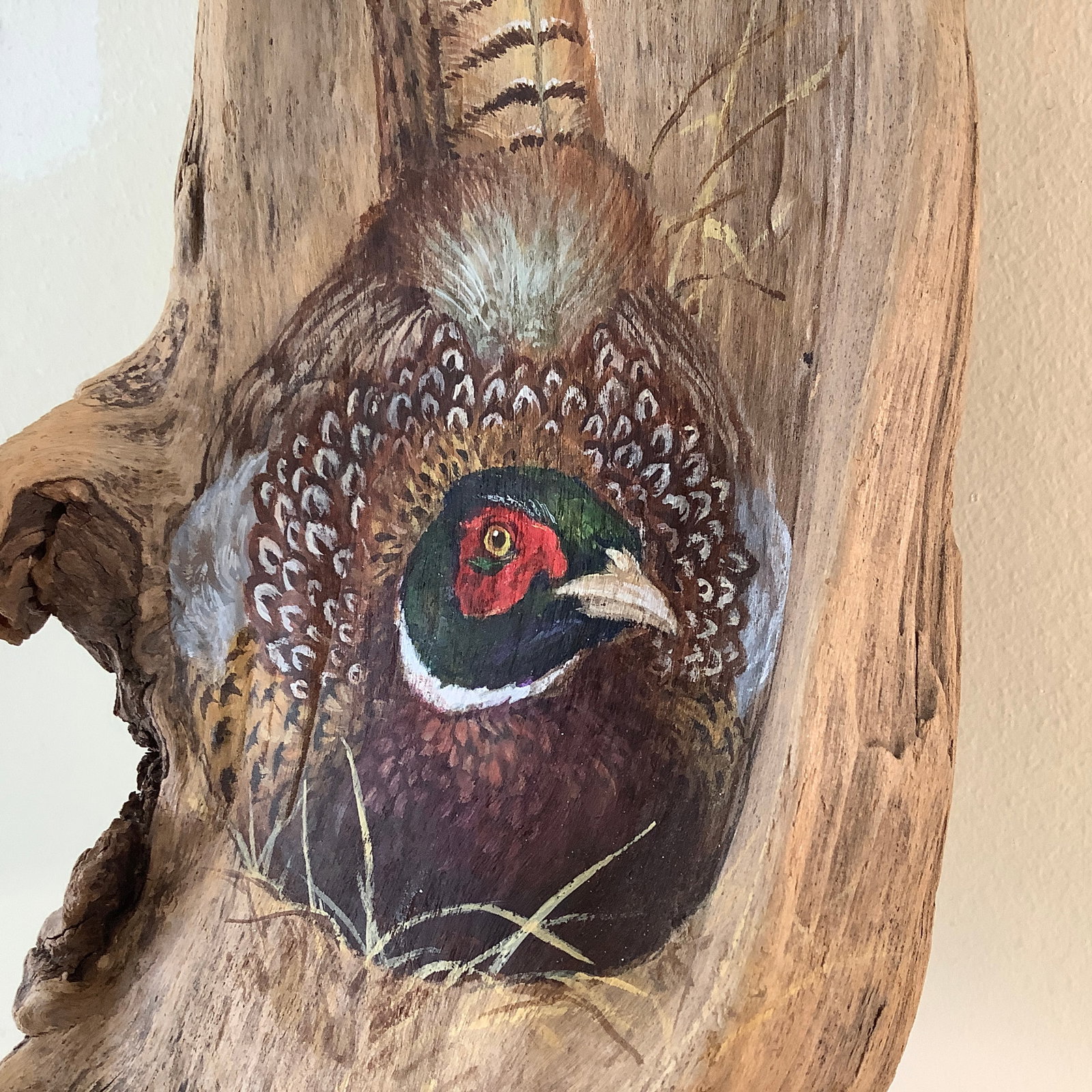 Artist Signed Pheasant Painted on Driftwood: Signed RS