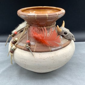 AZ Native American Signed Pottery with Applied Beaded Leather and Feathers with Mini Faux Skull