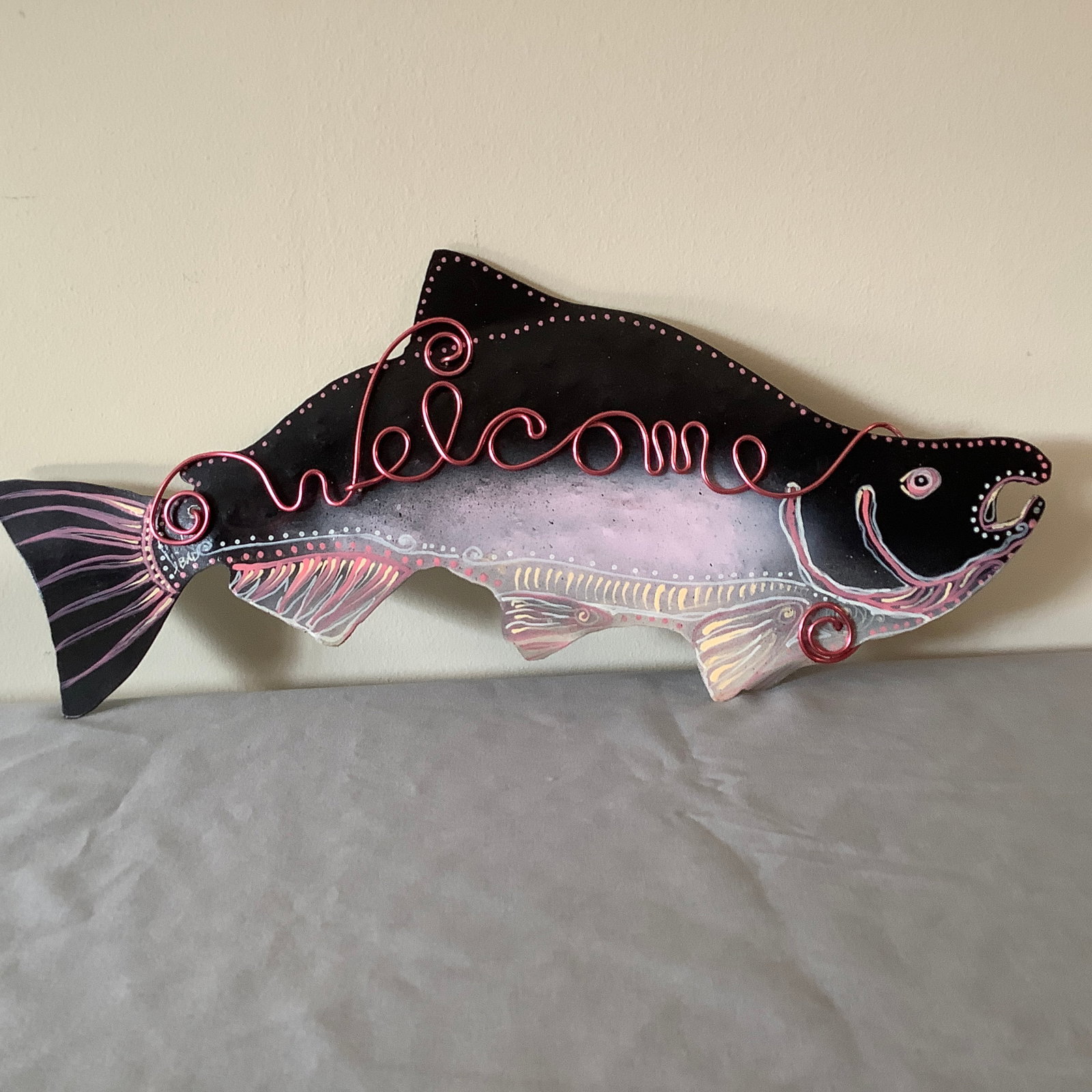 Artisan Signed Salmon Welcome Sign: Hand painted fish with pink metal coiled around with WELCOME Artisan signed JBAD on front Signed JBAD, Julie Bourbeau Art and Design, 2009 on backside