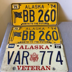 3 Vintage Alaska License Plates, 2 from 1974