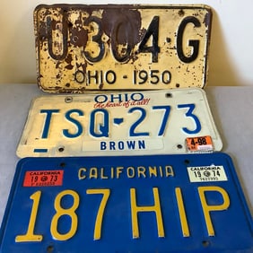 2 Ohio License Plates 1950, 1958, California 1974