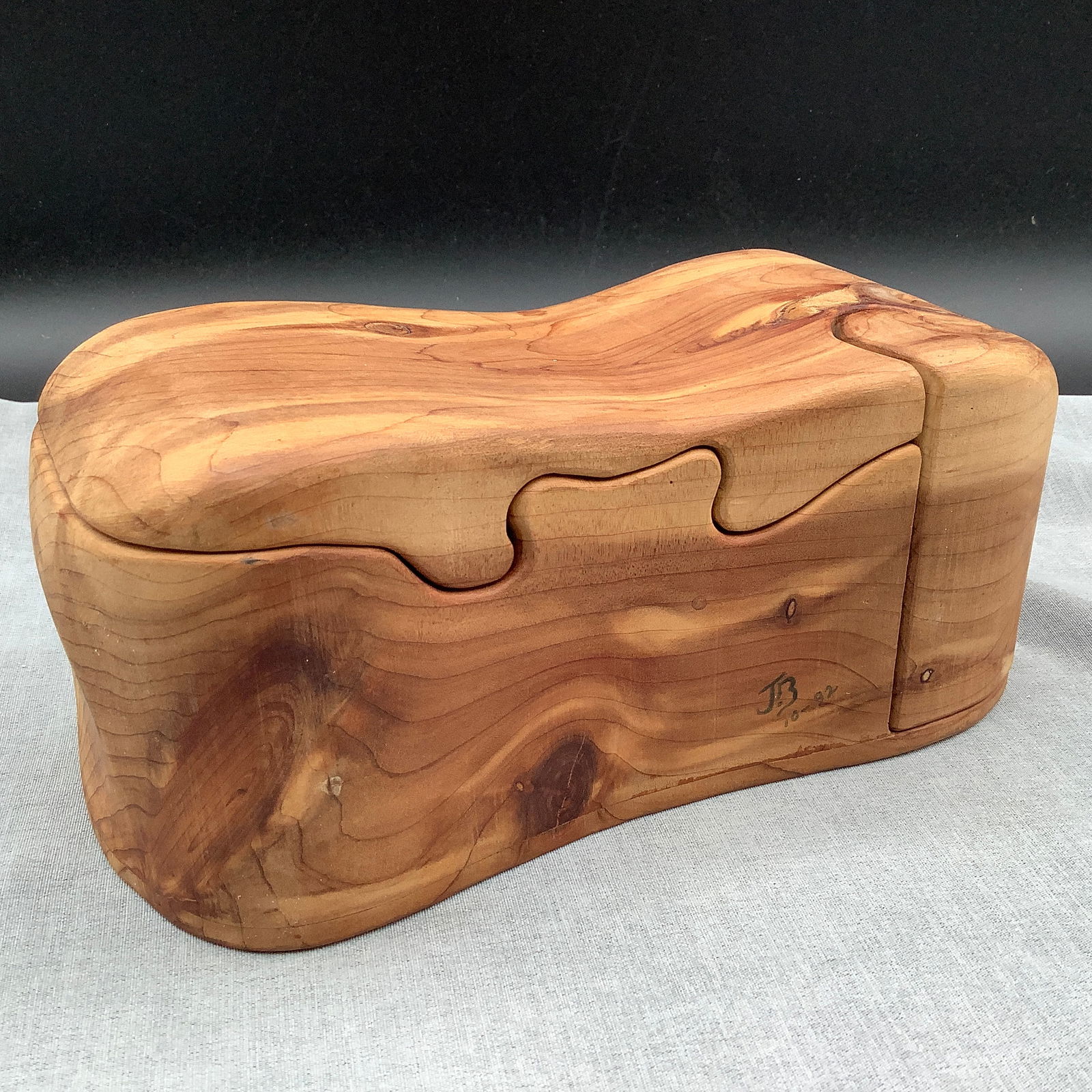 Wood Puzzle Box with Hidden Compartments, Signed/Dated: Signed JB 10-92 Has hidden compartments for coins or jewelry