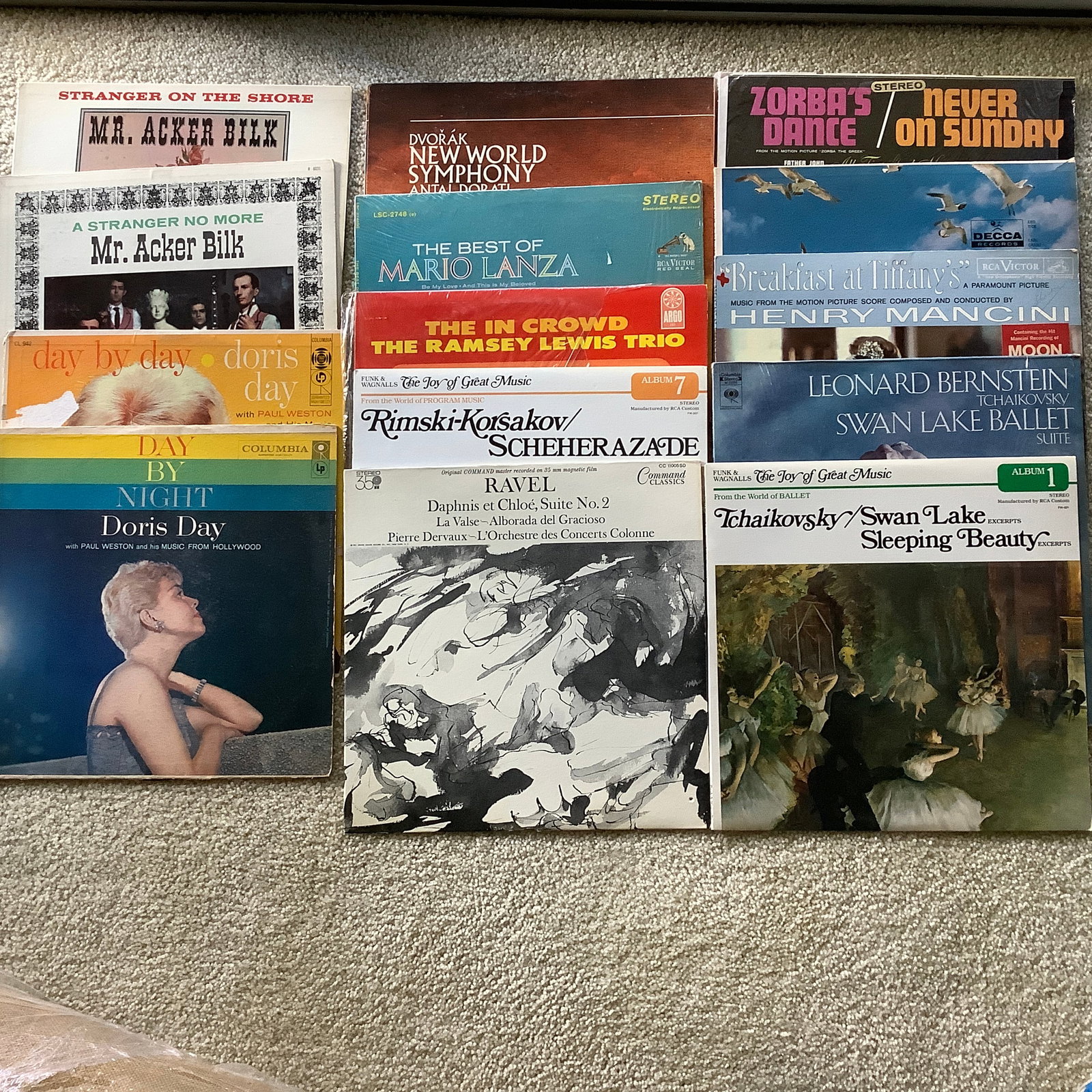 14 Vintage Vinyl Albums: 2 Albums by Mr. Acker Bilk 2 Albums by Doris Day Tchaikovsky Swan Lake/Sleeping Beauty Breakfast at Tiffany's Dvorak, Mario Lanza and The Ramsey Lewis Trio