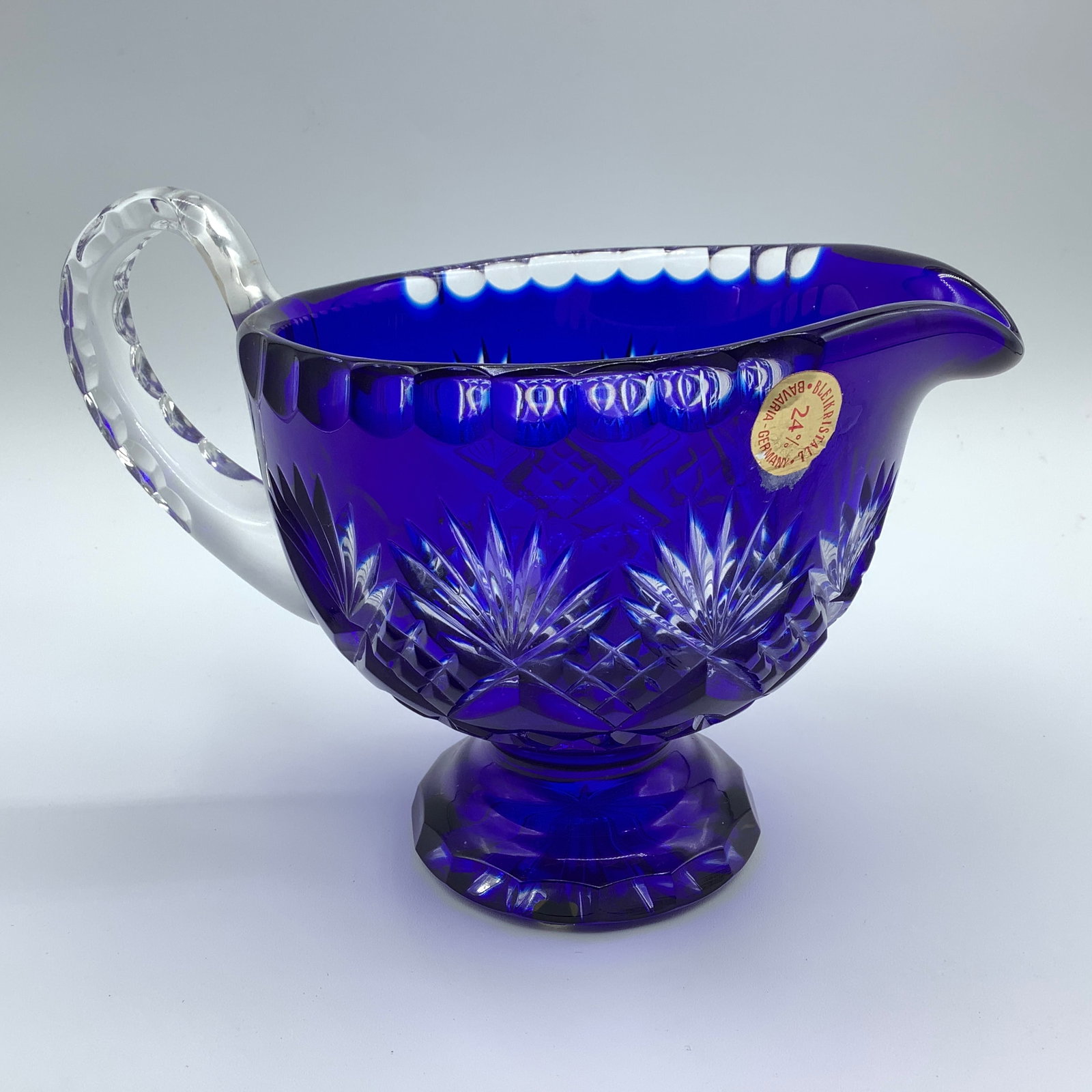 Vintage Bavarian Bleikristall Cobalt Cut To Clear Creamer: Cobalt blue cut to clear creamer Labeled Bleikristall Bavaria Germany
