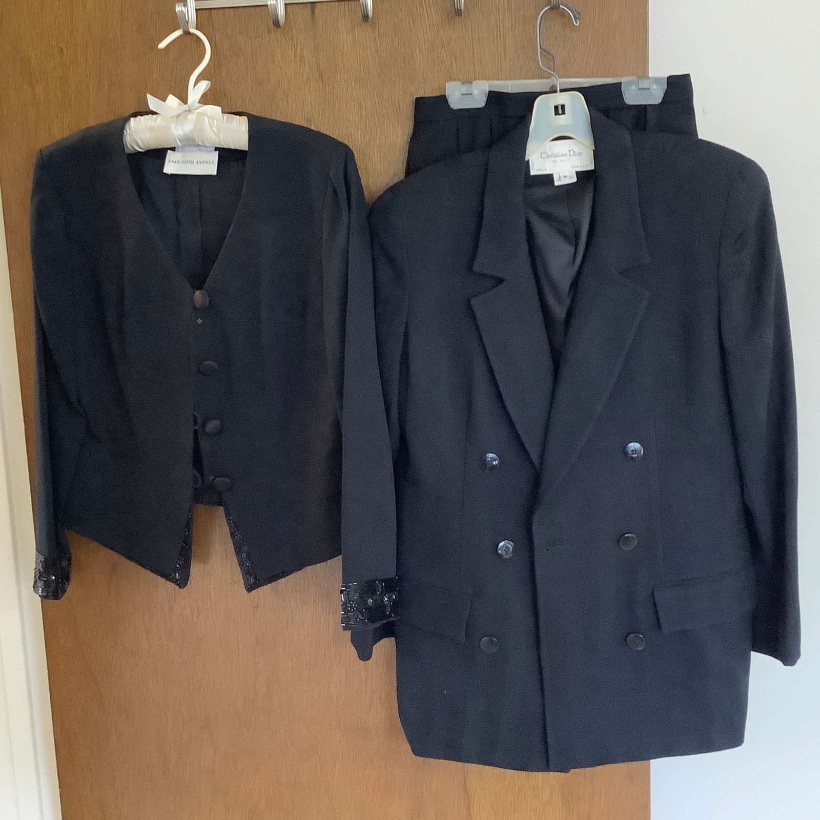 Saks Fifth Avenue / Warren Petites Evening Suit and Christian Dior The Suit: Christian Dior The Suit, size 4, 100% wool. Black subtile pinstripes, skirt length 27 inch Saks Fifth Avenue Warren Peitites Evening suit. Size 6, beaded accnts, skirt length 23 inch.