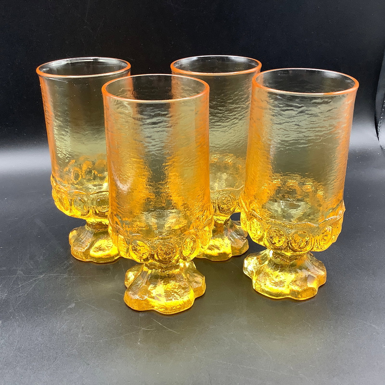 4 Franciscan Madeira Cornsilk Iced Tea Glasses: Glasses are amber/yellow See other lot of matching sherbet