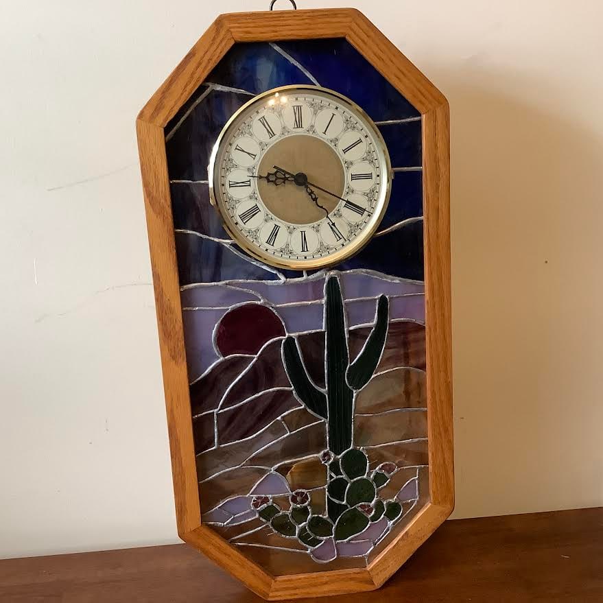 Stained Glass Clock with Southwestern Cactus: 23 inch x 11.5 inch Oak box, pendulum type.