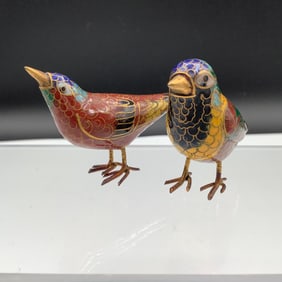Pair of Cloisonne Birds with Brass Feet