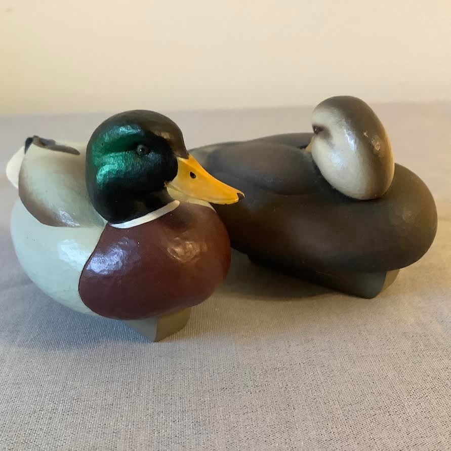 Pair of Small Carved Ducks by Jett Brunet, 2001 and 2000: 2 ducks from first 2 years of Jett Brunet making the miniatures for Ducks Unlimited Each about 3.5 inches long