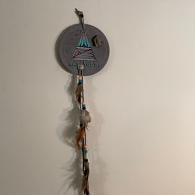 Small Alaskan Native American Painted Leather Medicine Shield with Stones