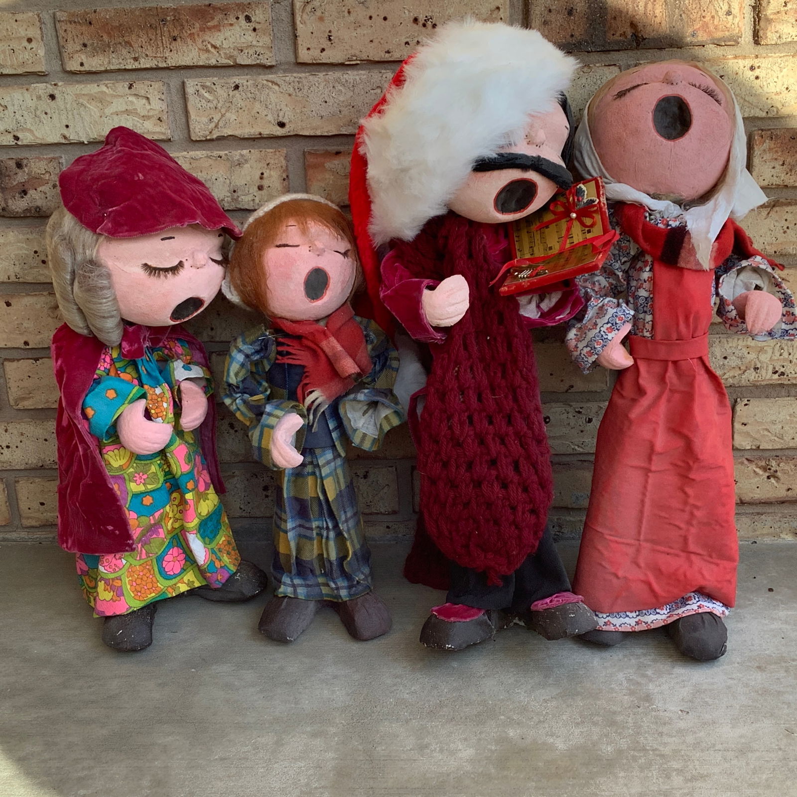 Painted Papier Mache Christmas Caroler Quartet: 4 vintage Christmas carolers See photos for condition: 2 hands missing, hymn book not attached, some heads and arms loose