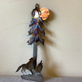 Metal Laser Art of Wolves, Tree and Moon