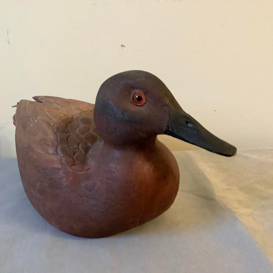 Hand Carved Signed Cinnamon Teal Duck Decoy #1 in Series: Ca 1995, First in series Signed Joe Tridle inside feather logo Inscribed For Sister Joan