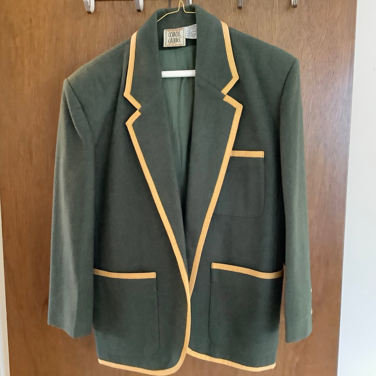 Coach Camel Wool/Cashmere Blend Blazer: Green with gold rayon trim Small