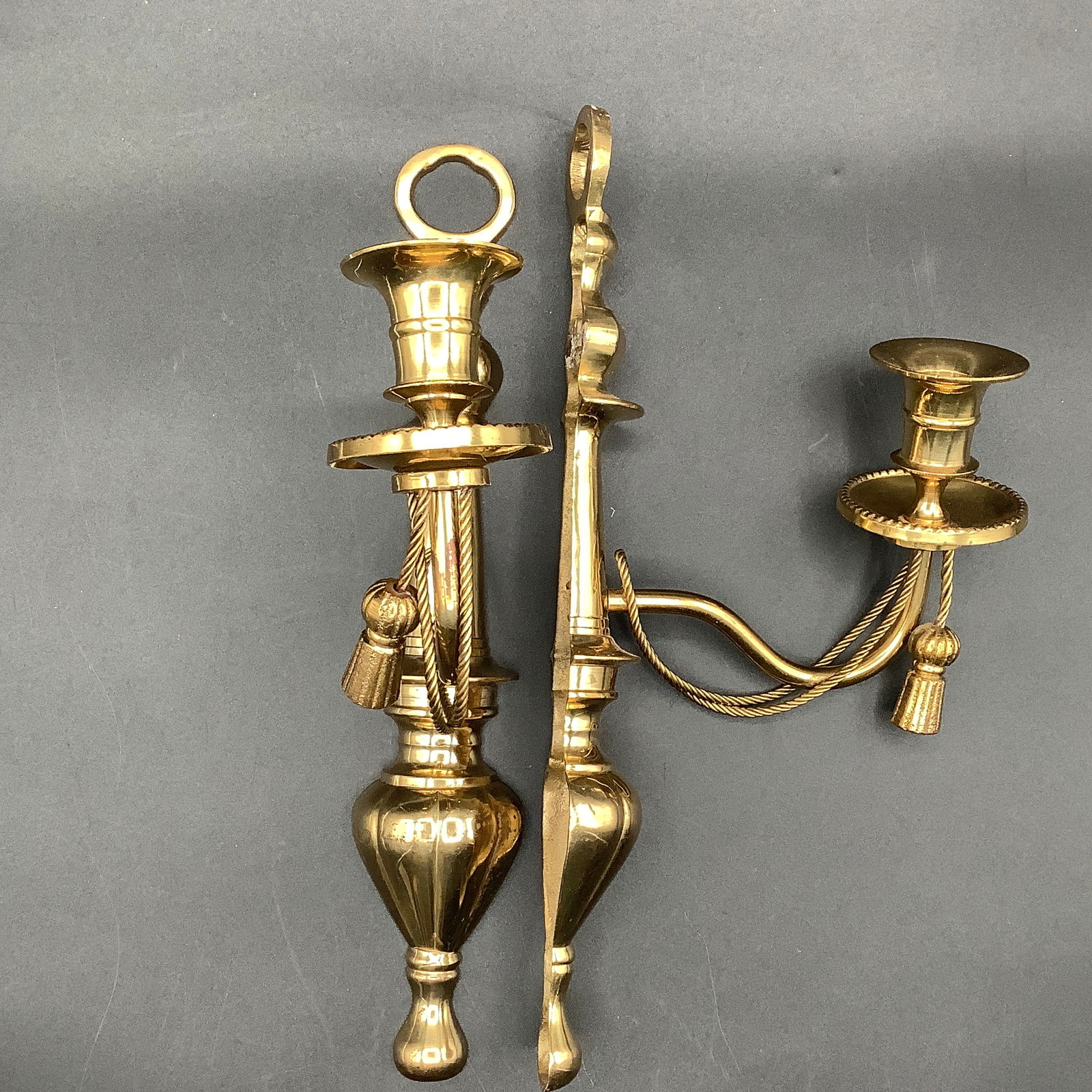 Pair of Solid Brass Wall Sconce Candletsticks: Brass Candlesticks with brass rope design Keyed backside to hang on wall
