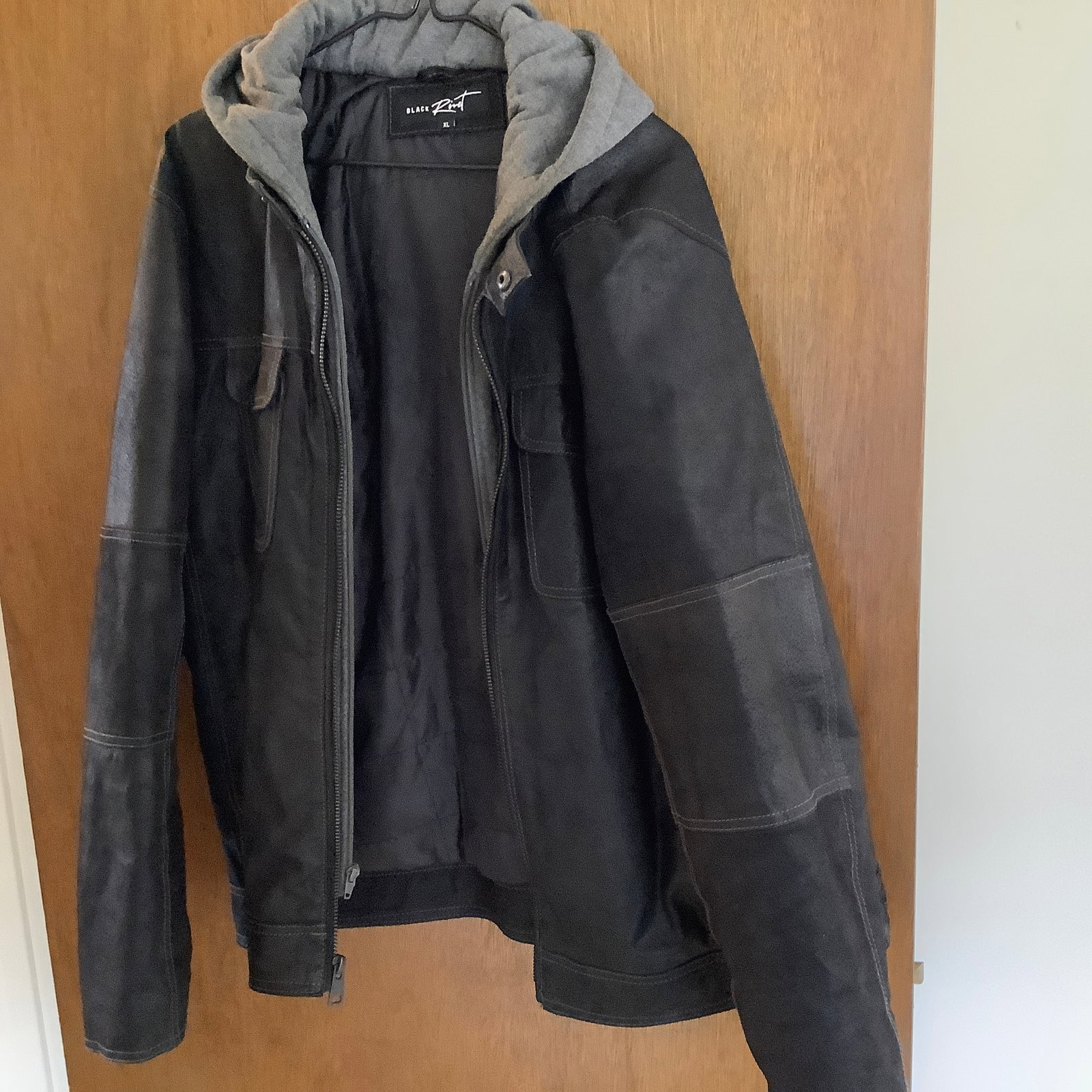 Black Rivet Mens Leather Jacket with Double Zipper Front with Hoodie: Size XL Black Leather, grey trim