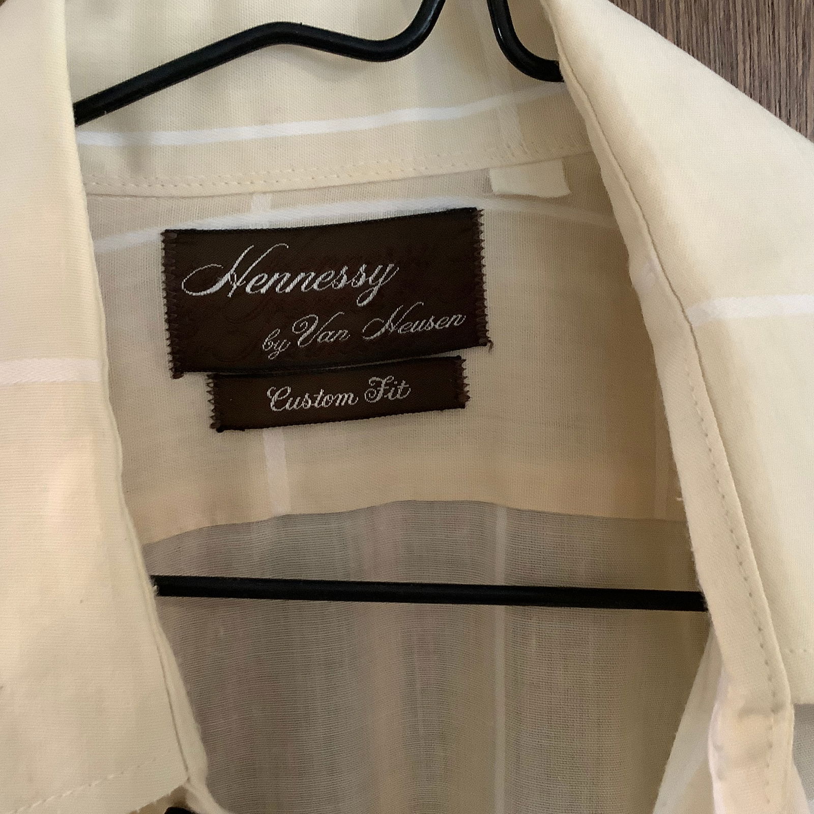 Hennessy by Van Heusen Groovy Mid Century 1970s Shirt: Thin linen look, vertical stripes on one side in orange, red and maroon Custom Fit label No size: Sleeve length 25.5 inch, shoulder to shoulder 17 inch, across chest 20 inch each side