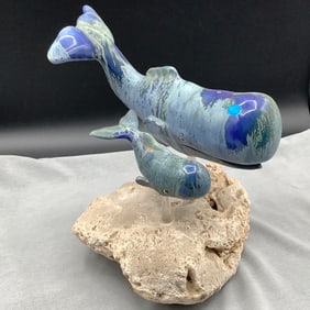 Ceramic Sculpture with 2 Whales on Stone Base