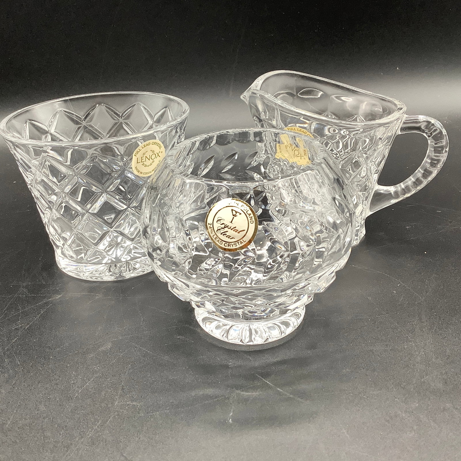 Czech Republic Crystal Cream and Sugar by Lenox, Poland Crystal Sugar Dish: All 3 pieces have labels