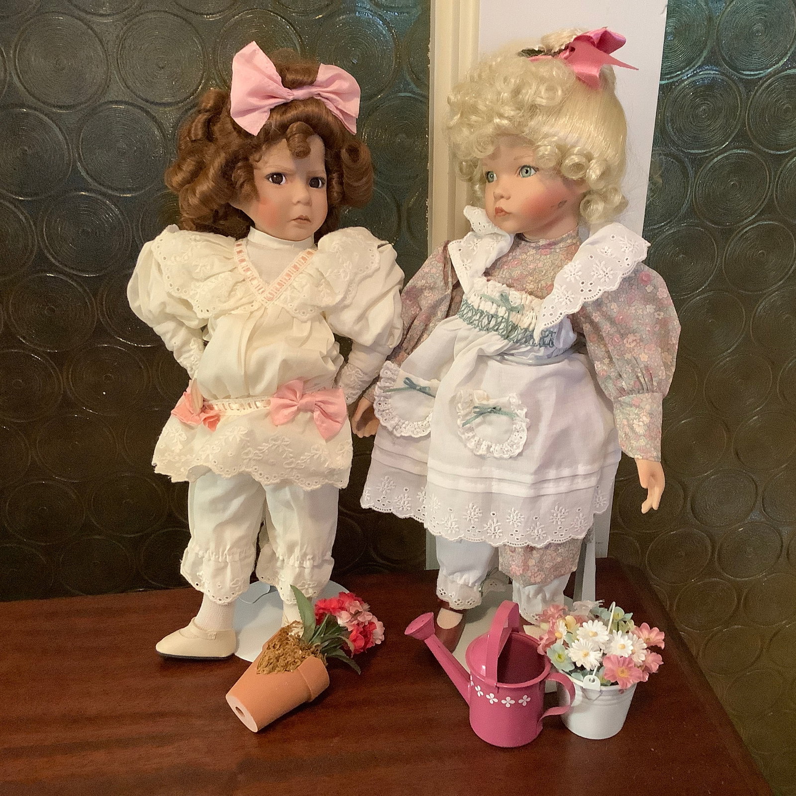 Dianna Effner's Naughty "Girl with a Curl" Doll and "Mary Mary Quite Contrary": Dianna Effner's Mother Goose Dolls Both have serial numbers on back of neck Naughty girl with hands on hips, serial number 464A Mary has 3034-C 15 inches tall Stands included