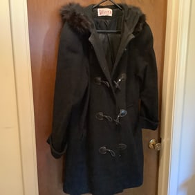 Stephanie Matthews II Black Wool Coat with Toggle Closures, Faux Fir Hood