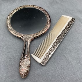 Towle Silver Plated Vanity Hand Mirror and Comb