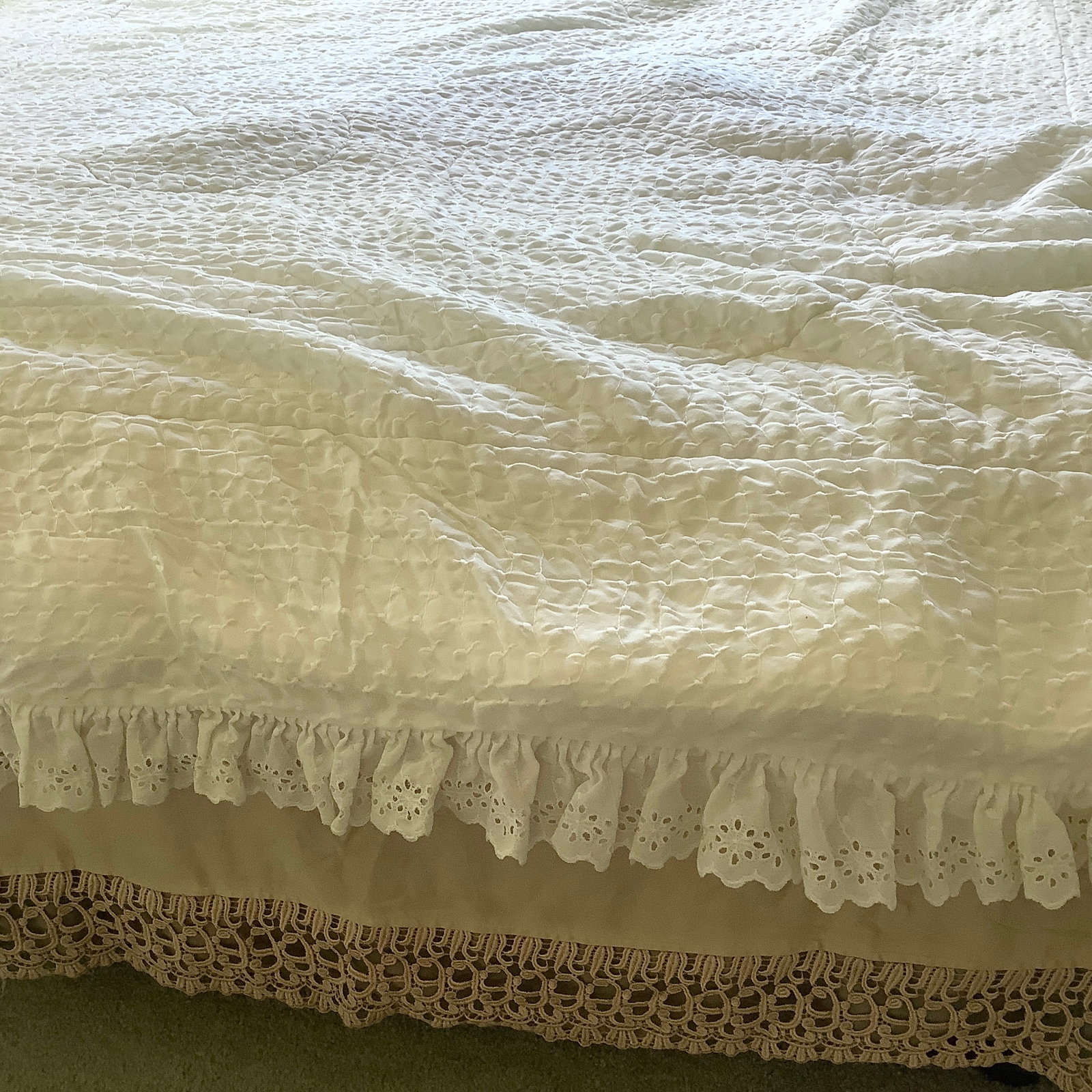 Full Size Coverlet with Eyelet Trim and Bedskirt: Coverlet white with small embroidered ivy, eyelet trim Bedskirt light beige with open embroidery