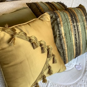 4 Pillows in Greens and Golds with Embroidery and Tassels