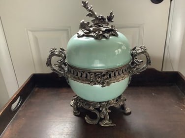 Asian Silvered Celedon Bronze Mounted Porcelain Lidded Vessel